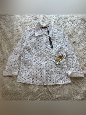 NWT Samuel Dong White Eyelet Embroidered Zip Blazer Jacket Blouse Cotton Size M